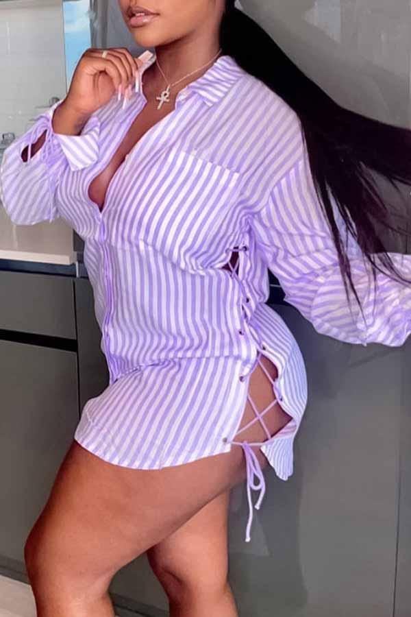 Personalized Striped Lace Up Slit Mini Dress