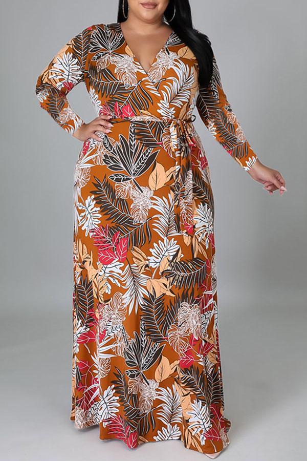 Fashion V-neck Printed Long Sleeved Plus Size Slit Maxi Dress