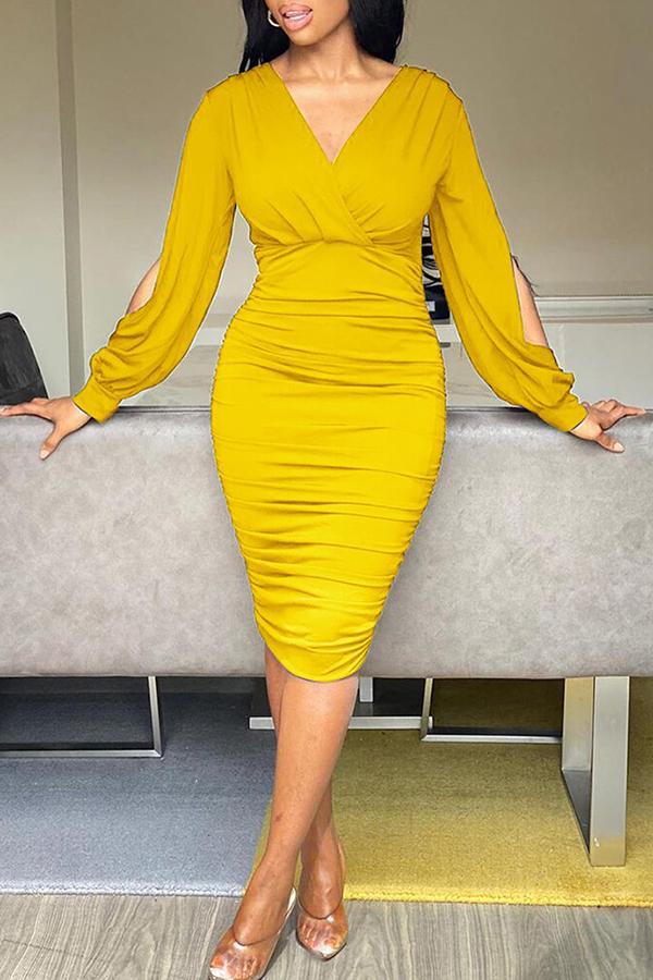 Sexy Solid Hollowed Out V Neck Midi Dress