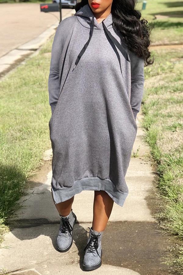 Loose Solid Color Drawstring Sports Hooded Midi Dress