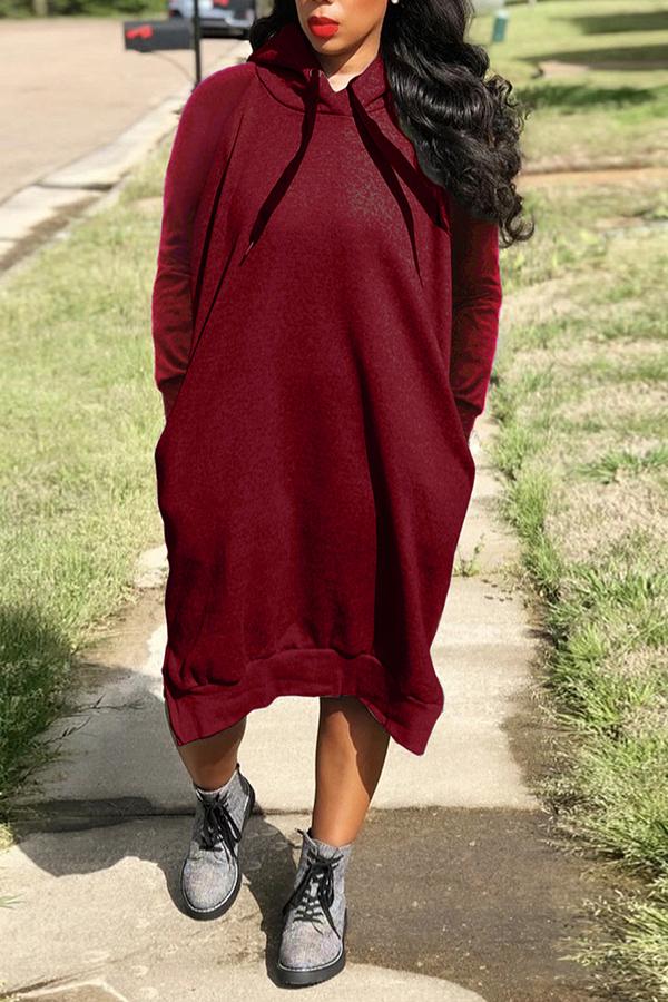 Loose Solid Color Drawstring Sports Hooded Midi Dress