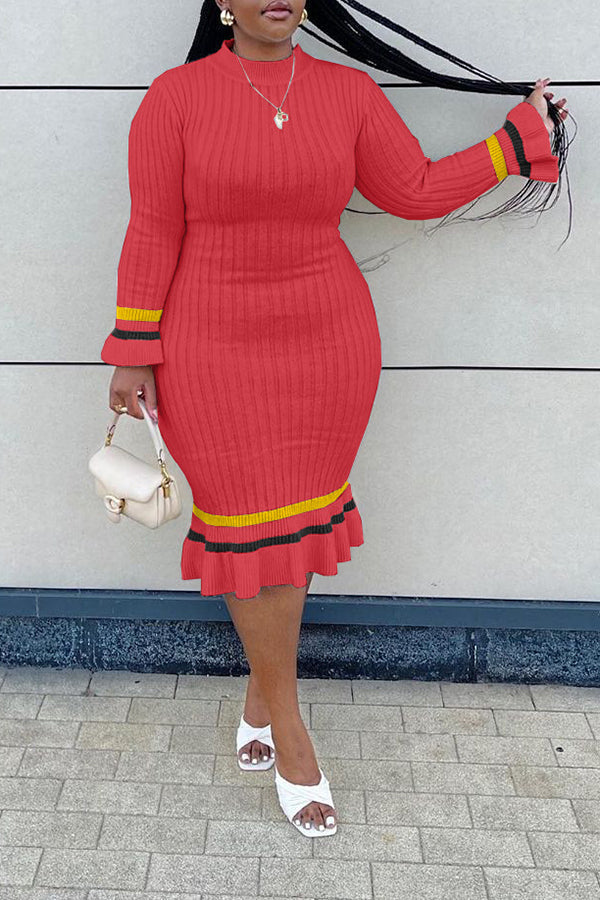 Temperament Plus Size Color Knitted Striped Midi Dress