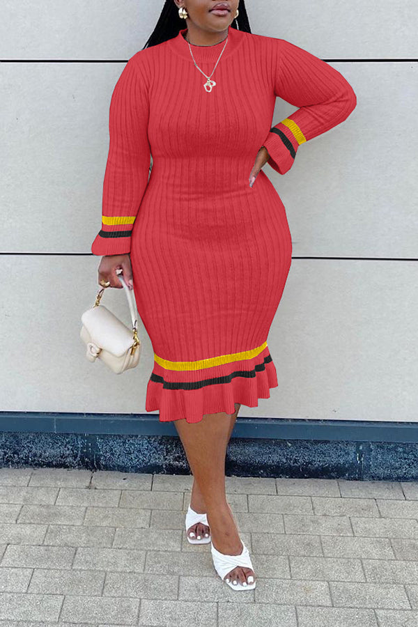 Temperament Plus Size Color Knitted Striped Midi Dress