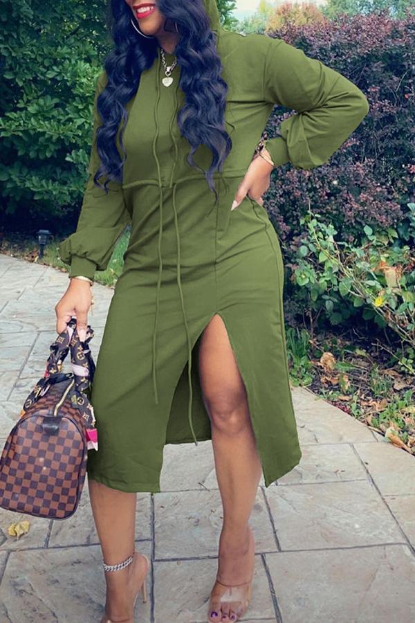 Casual Solid Color Drawstring Slit Hooded Midi Dress