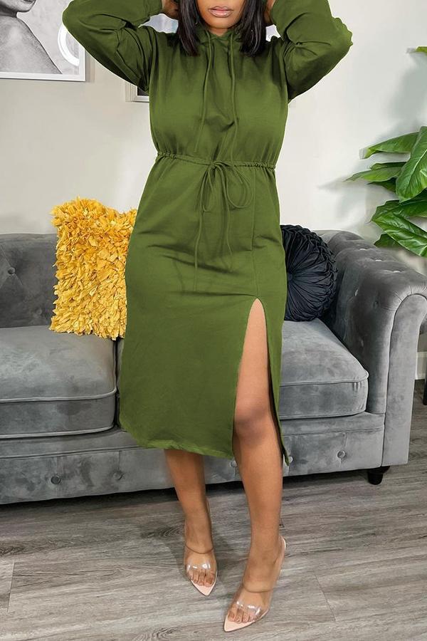 Casual Solid Color Drawstring Slit Hooded Midi Dress