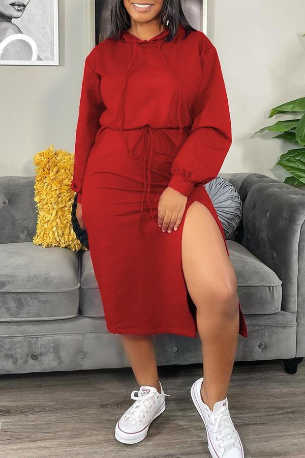 Casual Solid Color Drawstring Slit Hooded Midi Dress