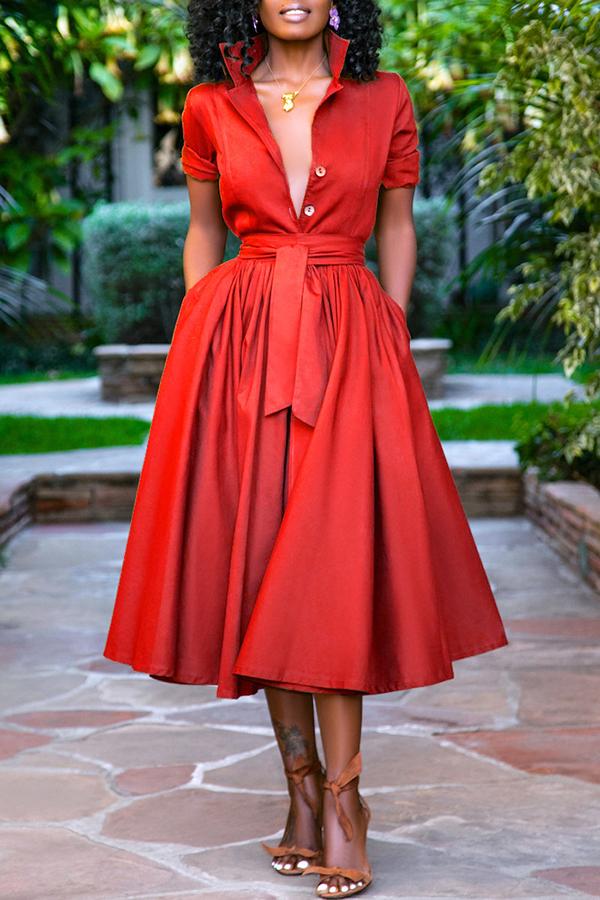 Solid Shirt Collar Button Tie Waist Midi Dress