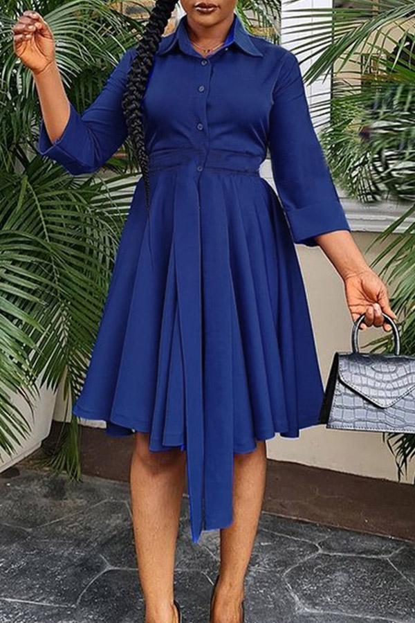 Solid Long Sleeve Tie Waist A-line Shirt Dress