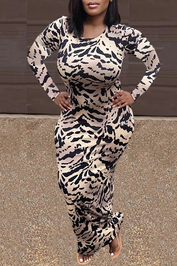 Round Neck Animal Print Long Sleeve Maxi Dress