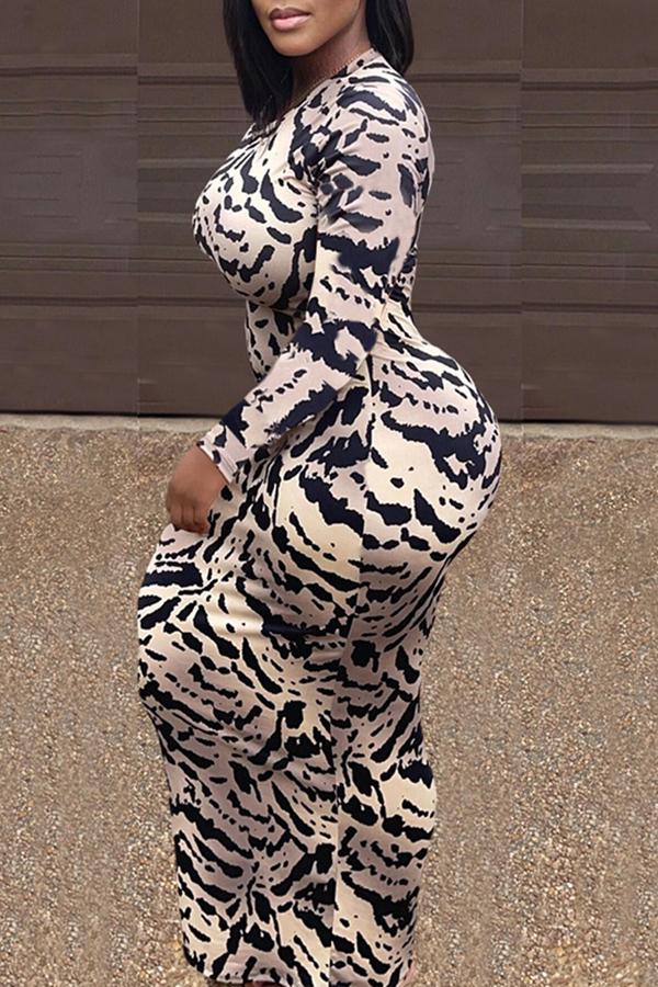 Round Neck Animal Print Long Sleeve Maxi Dress