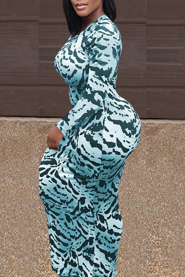 Round Neck Animal Print Long Sleeve Maxi Dress