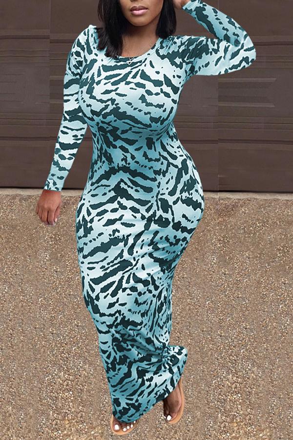 Round Neck Animal Print Long Sleeve Maxi Dress