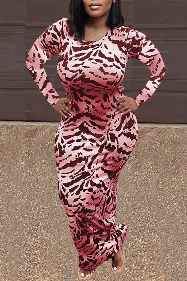 Round Neck Animal Print Long Sleeve Maxi Dress