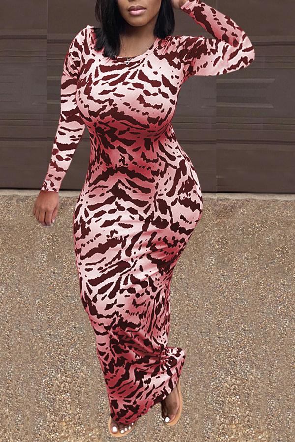 Round Neck Animal Print Long Sleeve Maxi Dress