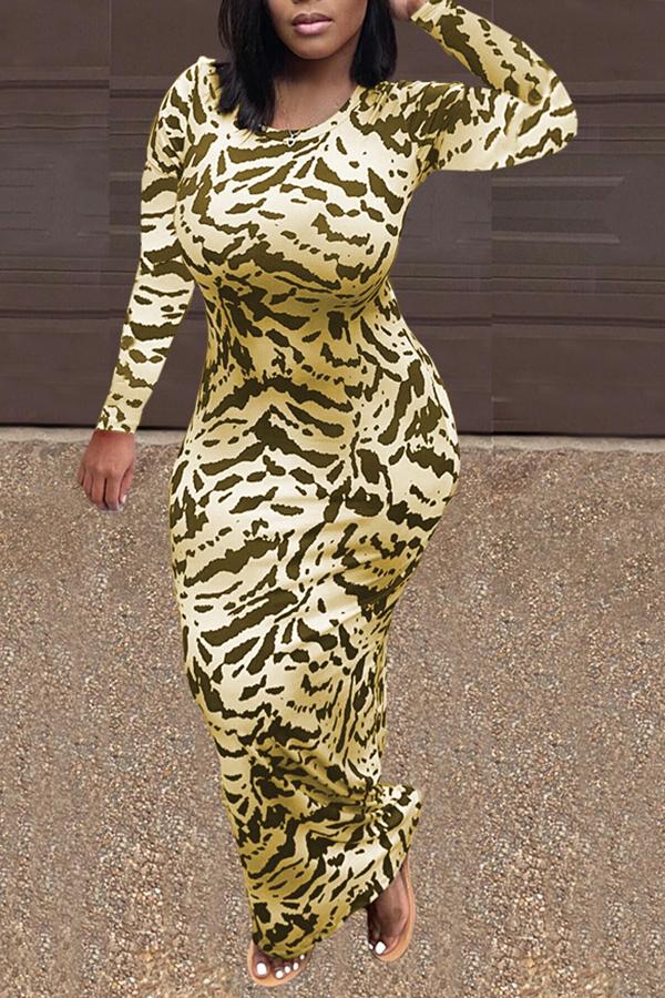 Round Neck Animal Print Long Sleeve Maxi Dress