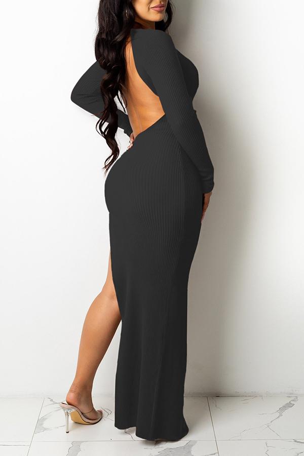 Sexy Solid V-neck Backless Button Split Dress