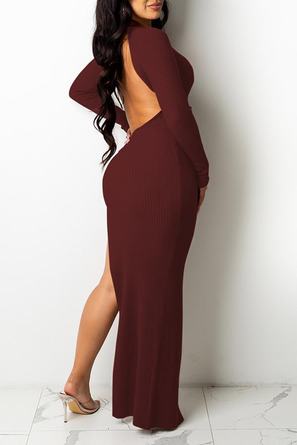 Sexy Solid V-neck Backless Button Split Dress