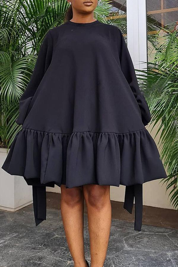 Solid Puff Sleeve Ruffle Hem A-line Plus Size Dress