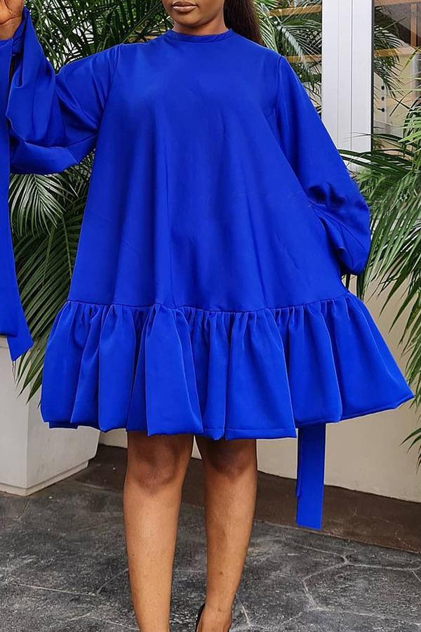 Solid Puff Sleeve Ruffle Hem A-line Plus Size Dress