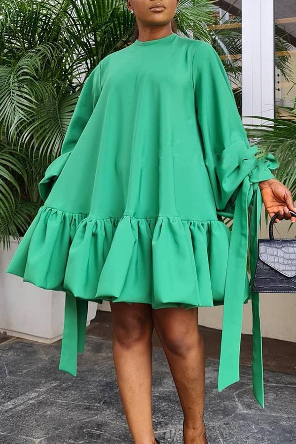 Solid Puff Sleeve Ruffle Hem A-line Plus Size Dress