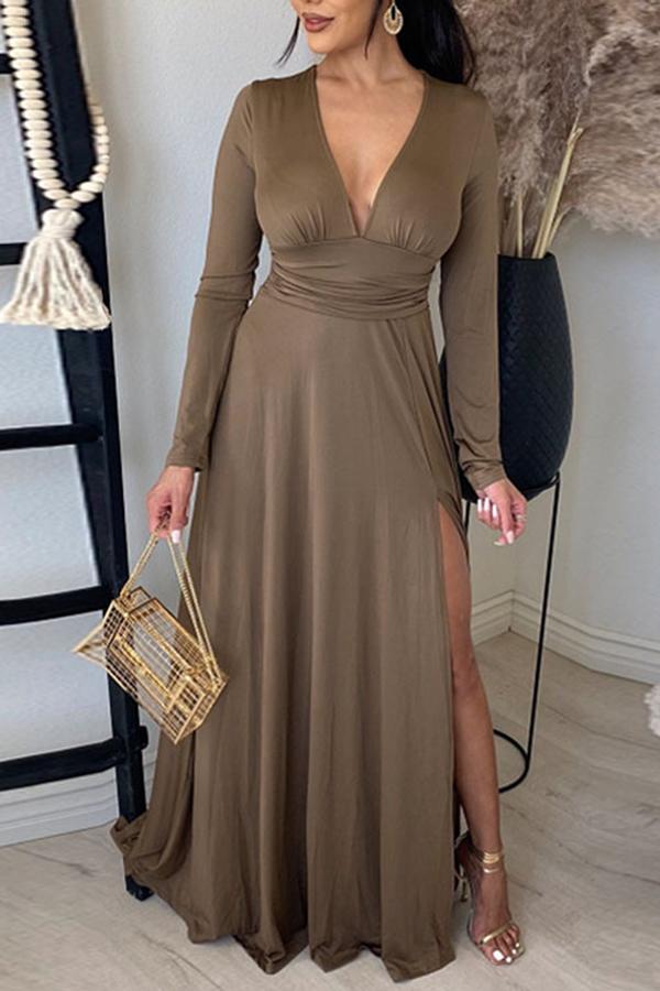 Deep V Collect Waist Side Slit Maxi Dress