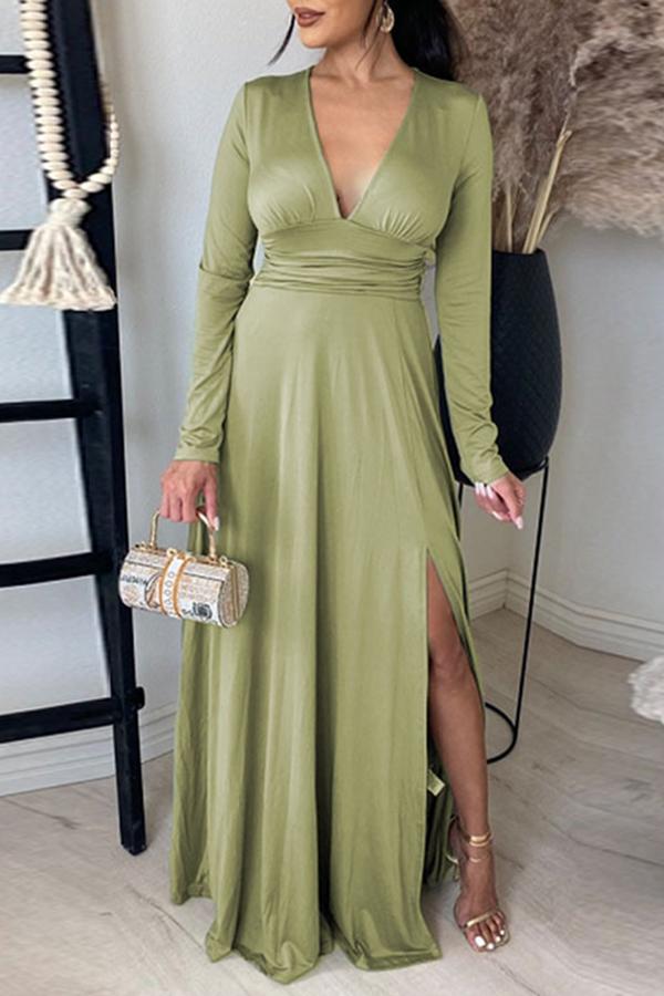 Deep V Collect Waist Side Slit Maxi Dress