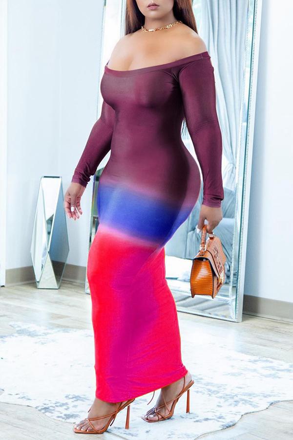 Gradient Off Shoulder Long Sleeve Maxi Dress