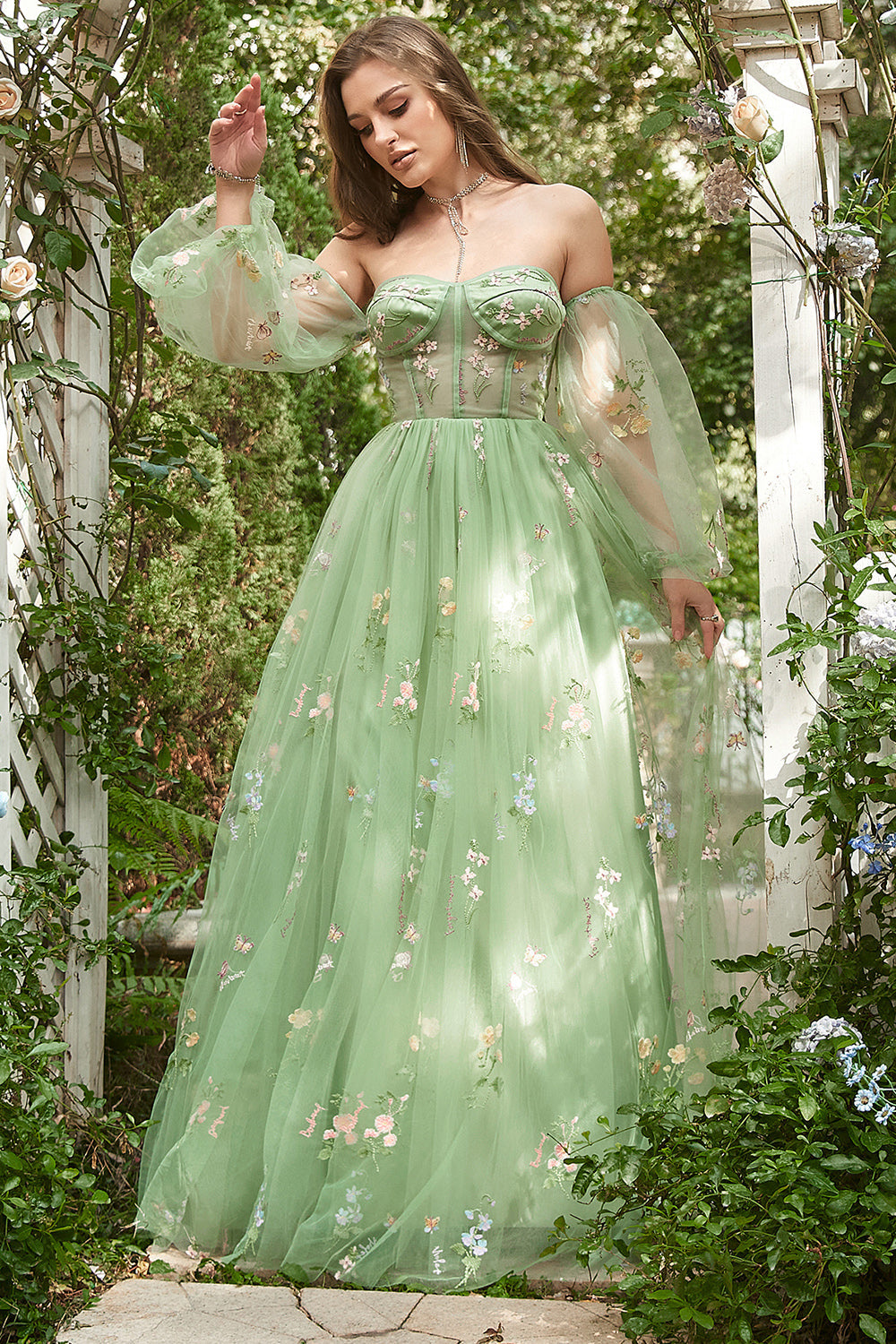 Off The Shoulder Green Long Sleeves A-Line Tull Prom Dress