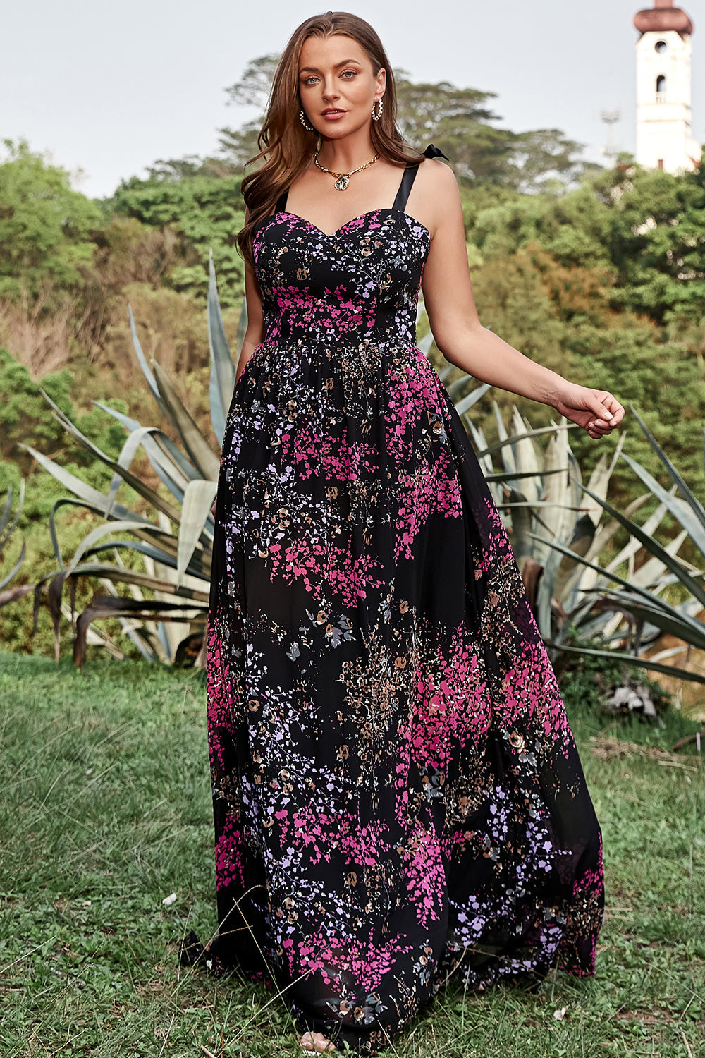 A Line Spaghetti Straps Black Mixed Flower Plus Size Prom Dress