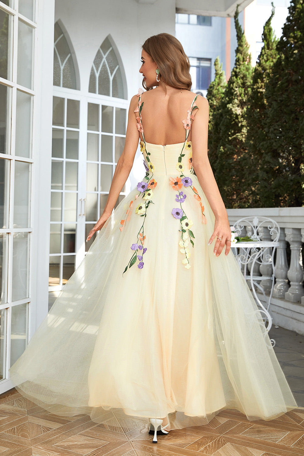 Champagne Spaghetti Straps Prom Dress With 3D Flowers