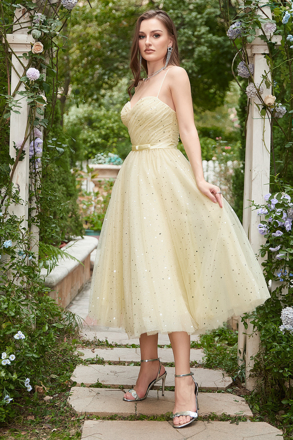 Yellow Spaghetti Straps Tea Length Prom Dress