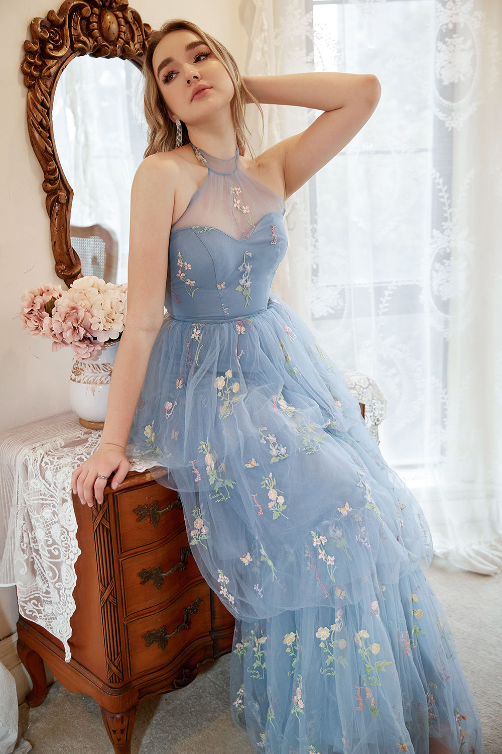 A Line Halter Grey Blue Plus Size Prom Dress with Embroidery