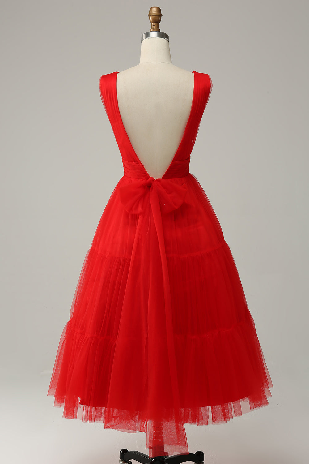 Red A Line Deep V Neck Midi Prom Dress with Open Back