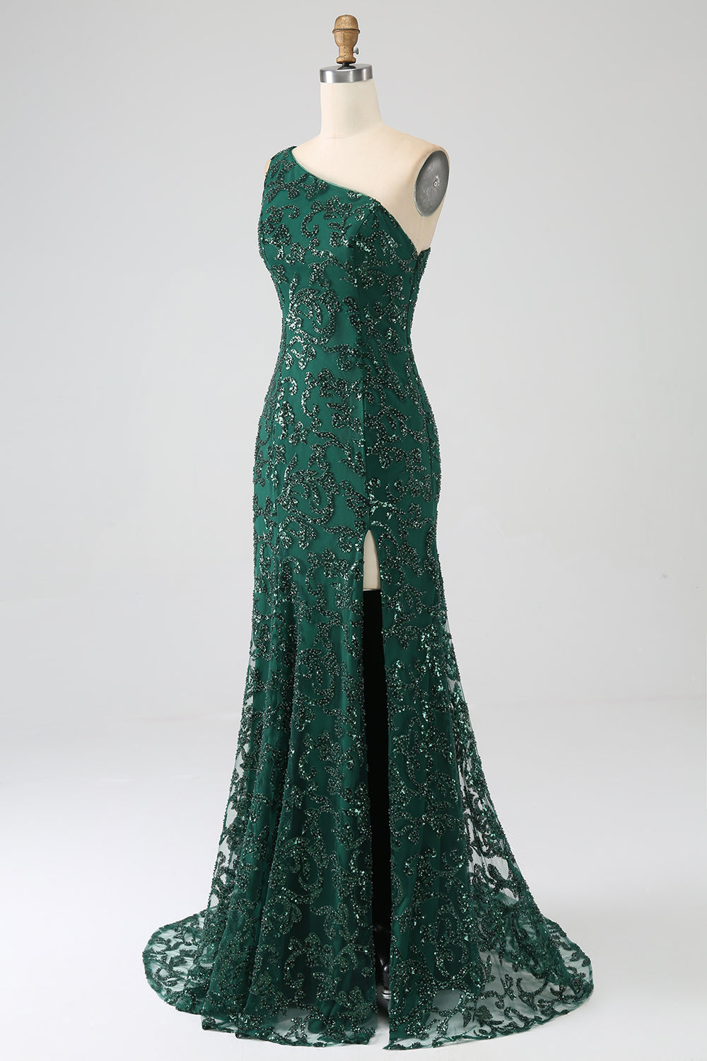 Sparkly Dark Green Beaded Long Mermaid Lace Prom Dress with Slit