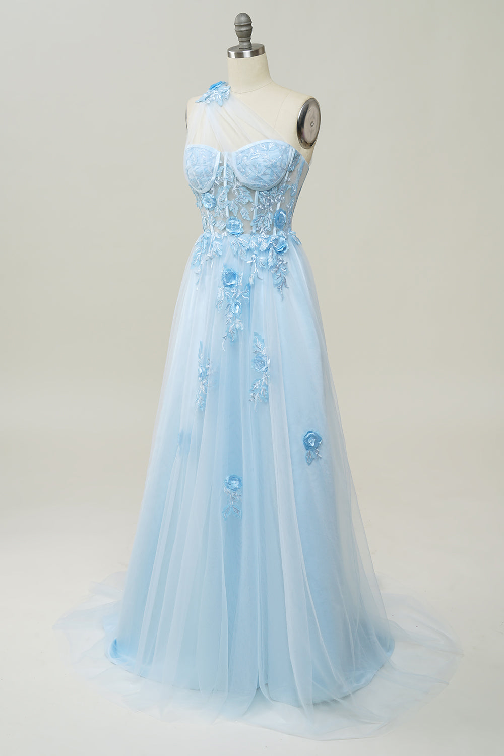 A Line One Shoulder Sky Blue Long Prom Dress with Appliques