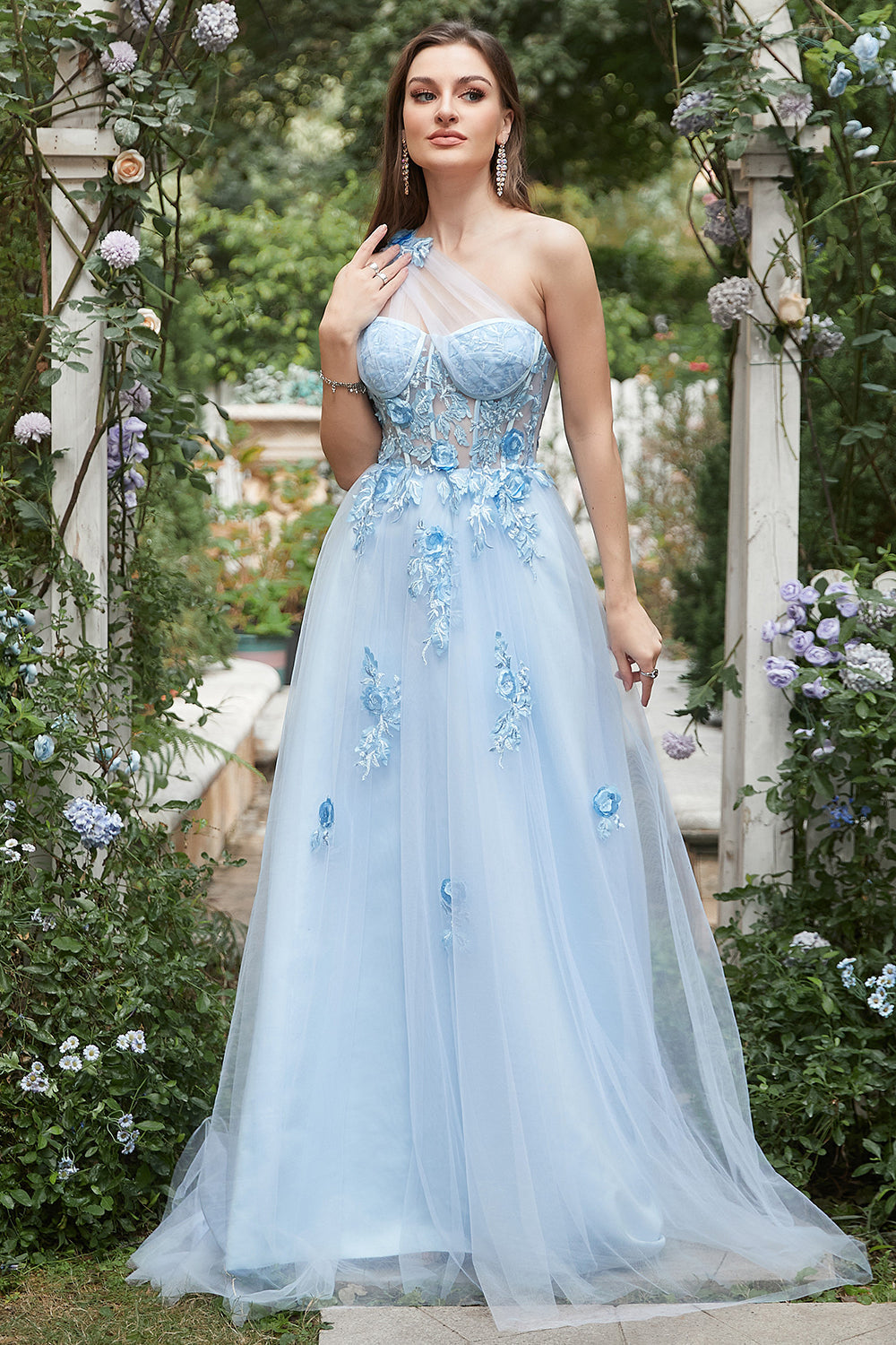 Sky Blue A Line One Shoulder Long Prom Dress with Appliques