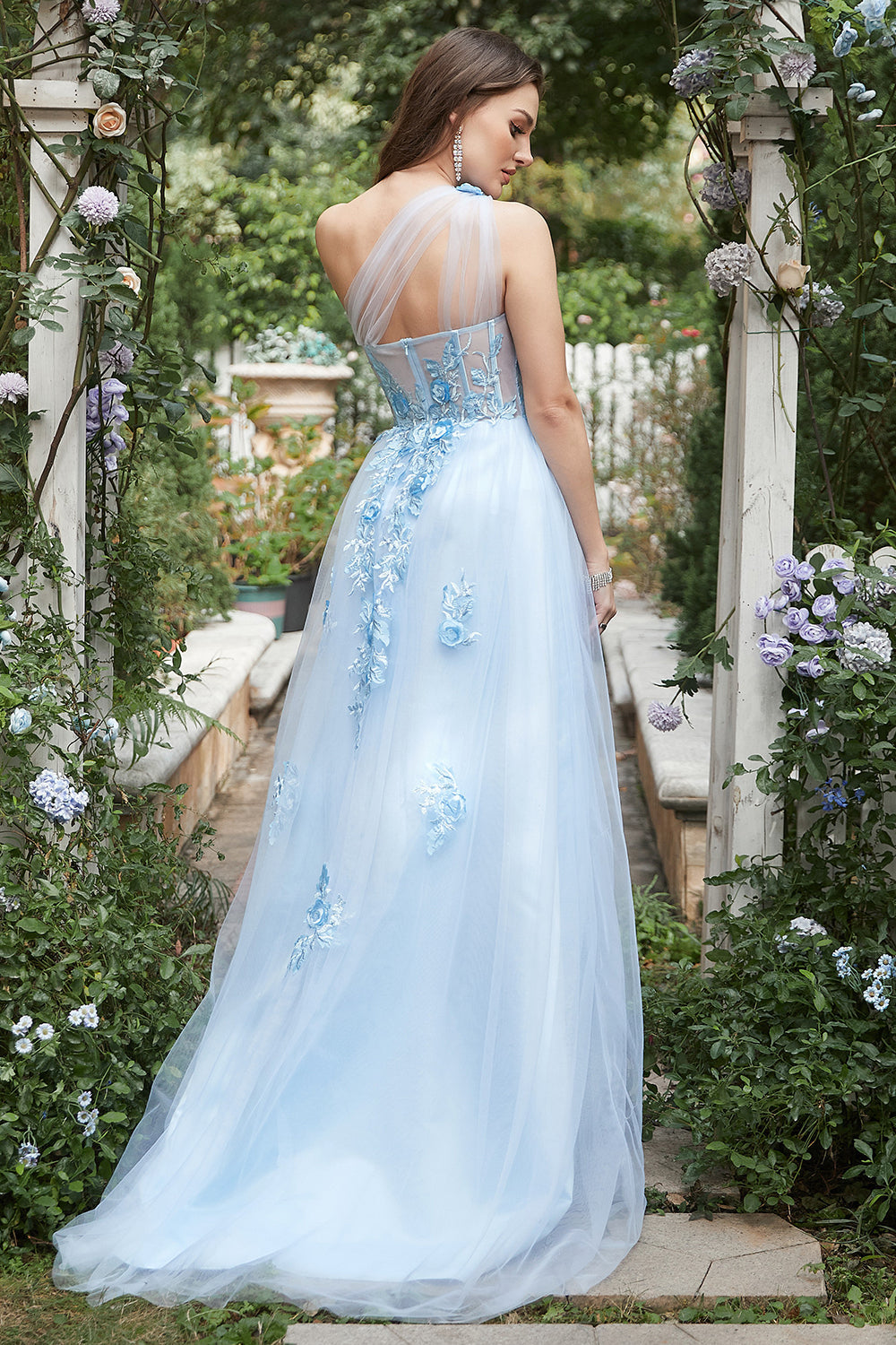 Sky Blue A Line One Shoulder Long Prom Dress with Appliques