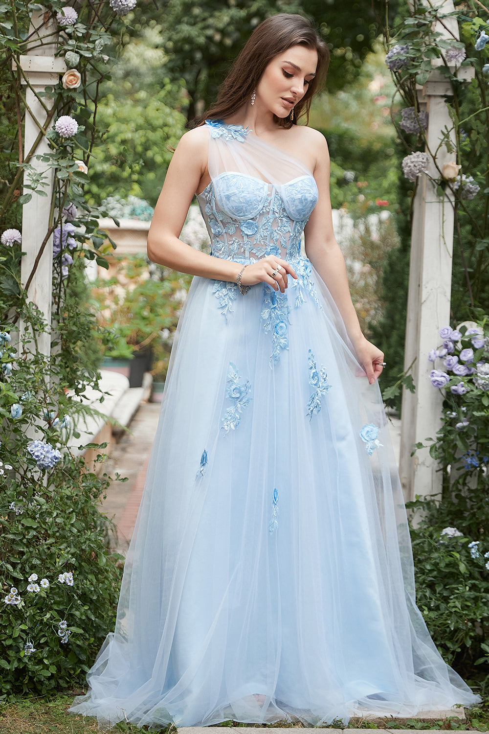 Sky Blue A Line One Shoulder Long Prom Dress with Appliques