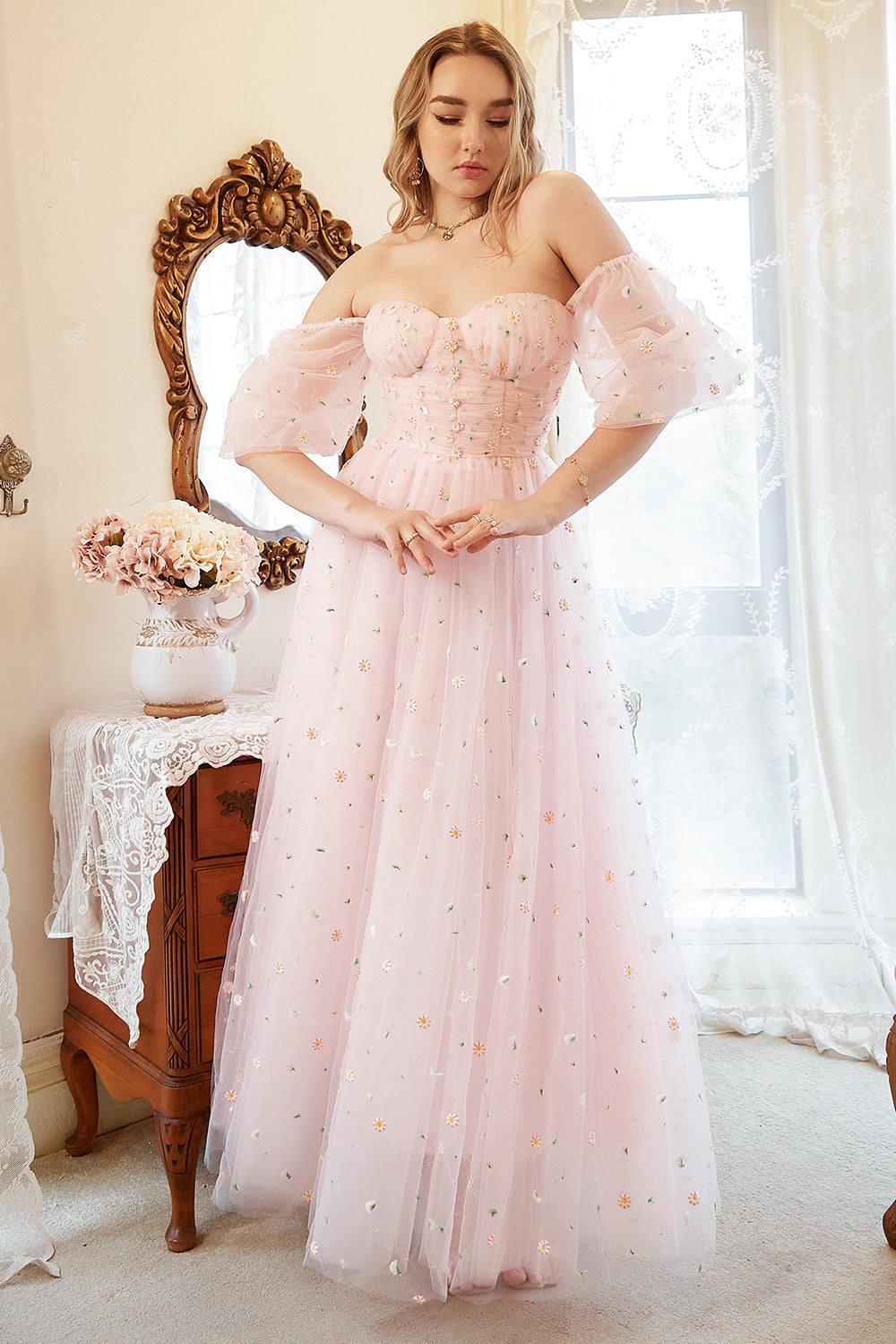 A Line Off the Shoulder Blush Plus Size Prom Dress with Embroidery