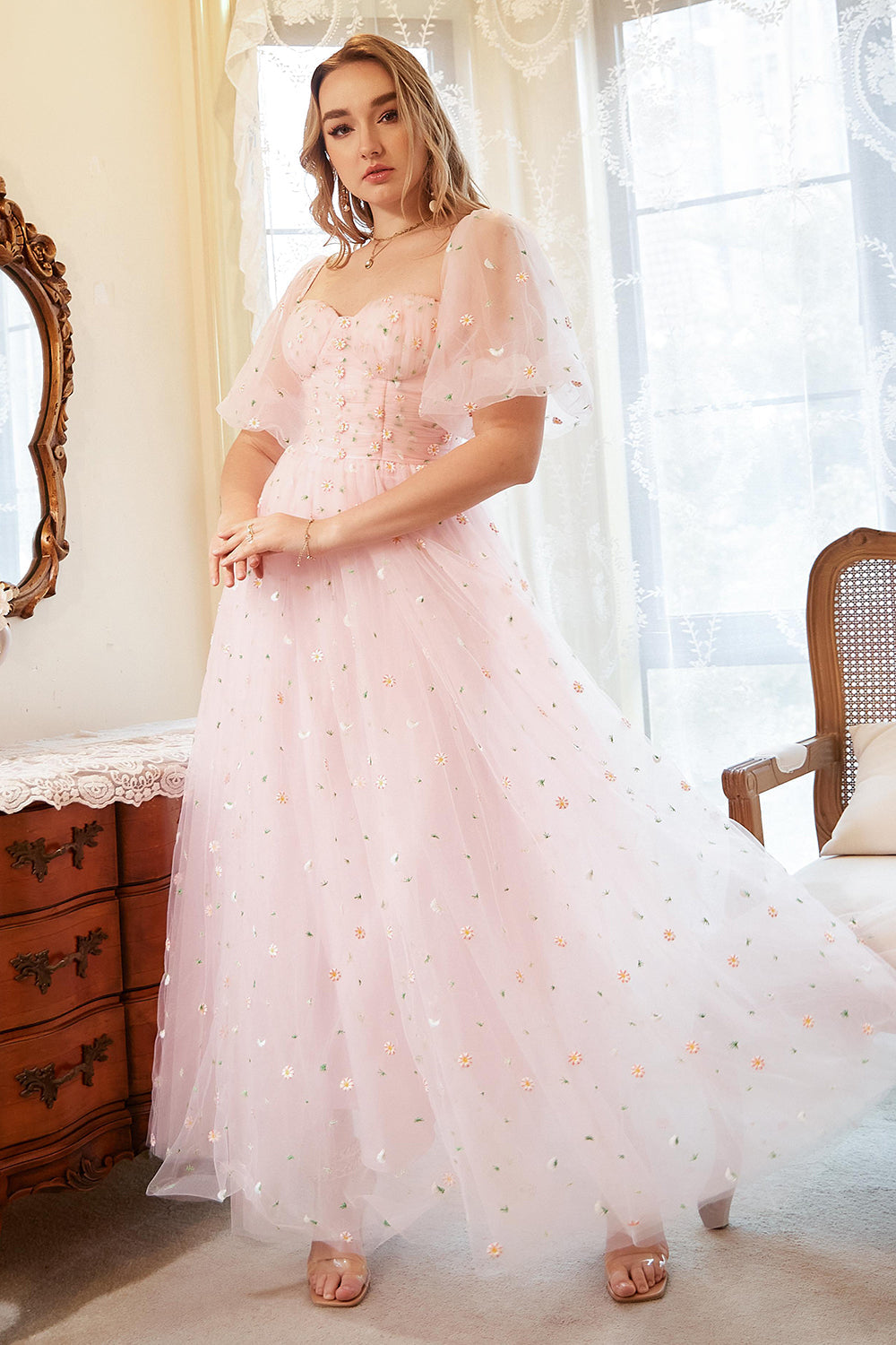 A Line Off the Shoulder Blush Plus Size Prom Dress with Embroidery