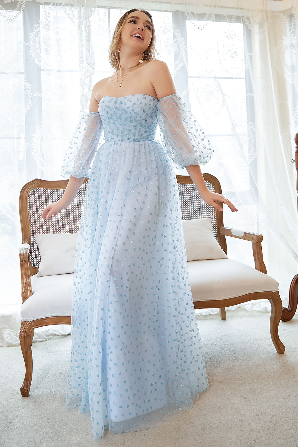 A Line Strapless Blue Printed Plus Size Prom Dress with Half Sleeves