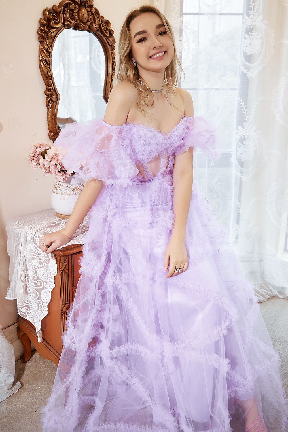 A Line Off the Shoulder Purple Corset Plus Size Prom Dress with Bowknot