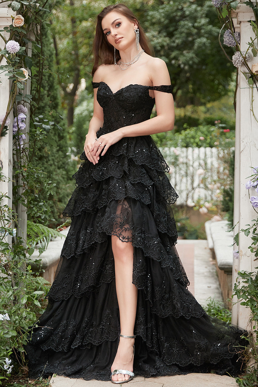 Sparkly A Line Long Off The Shoulder Sequin Black Tiered Long Prom Dress with Slit