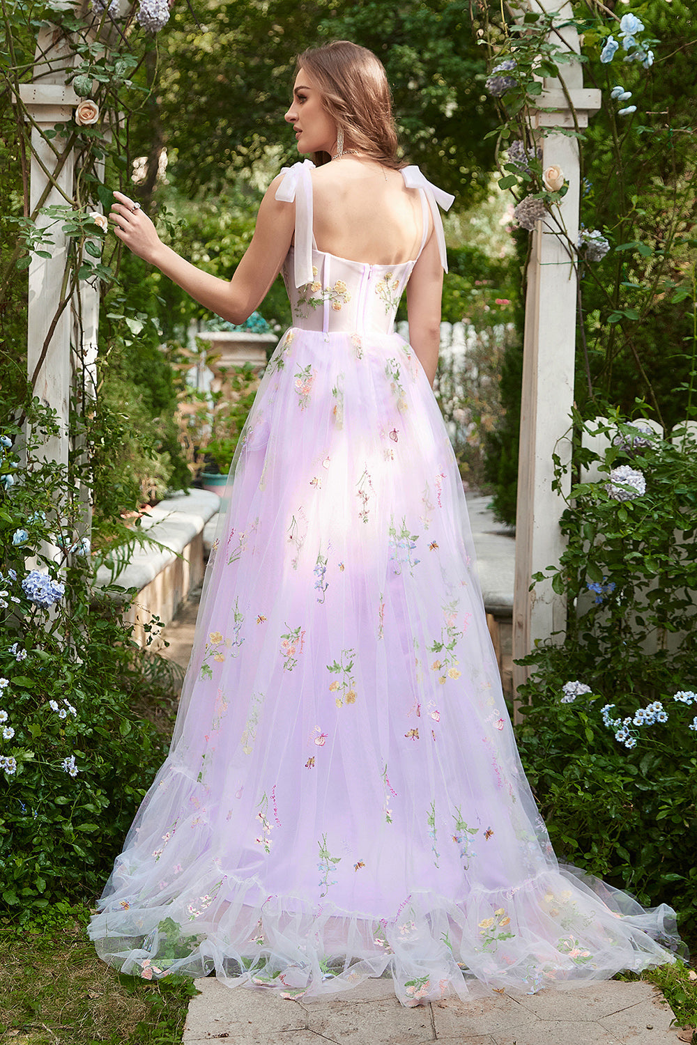 A-line Lilac Embroidery Corset Long Prom Dress