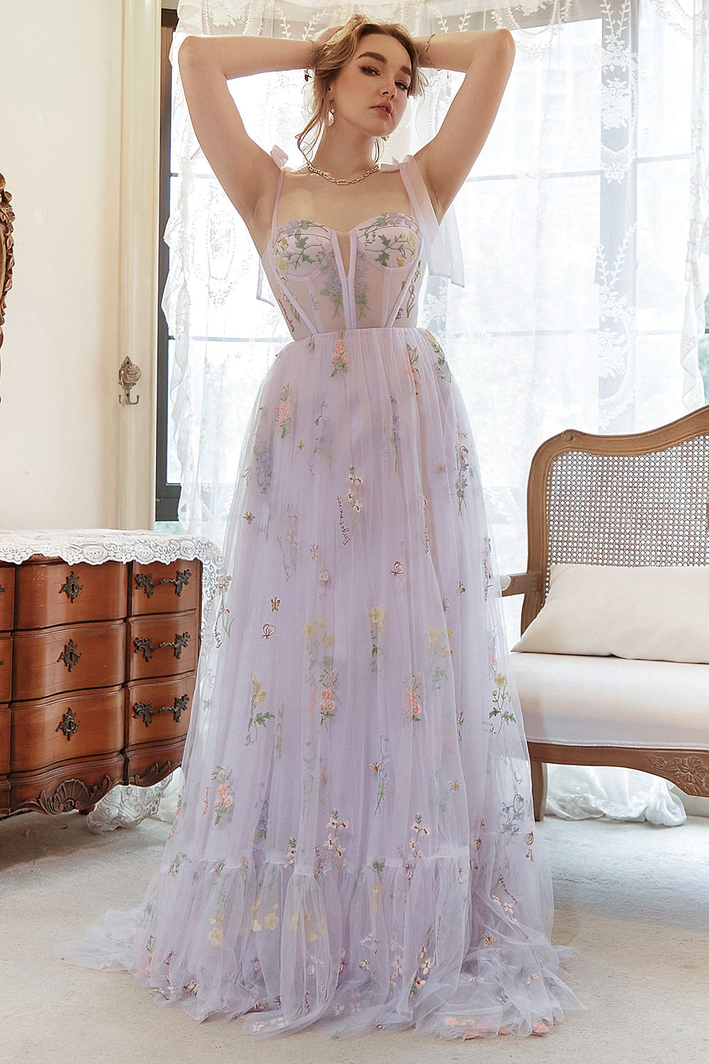 Lavender Tulle A Line Corset Plus Size Prom Dress with Embroidered