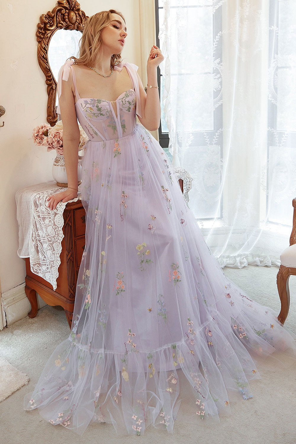 Lavender Tulle A Line Corset Plus Size Prom Dress with Embroidered