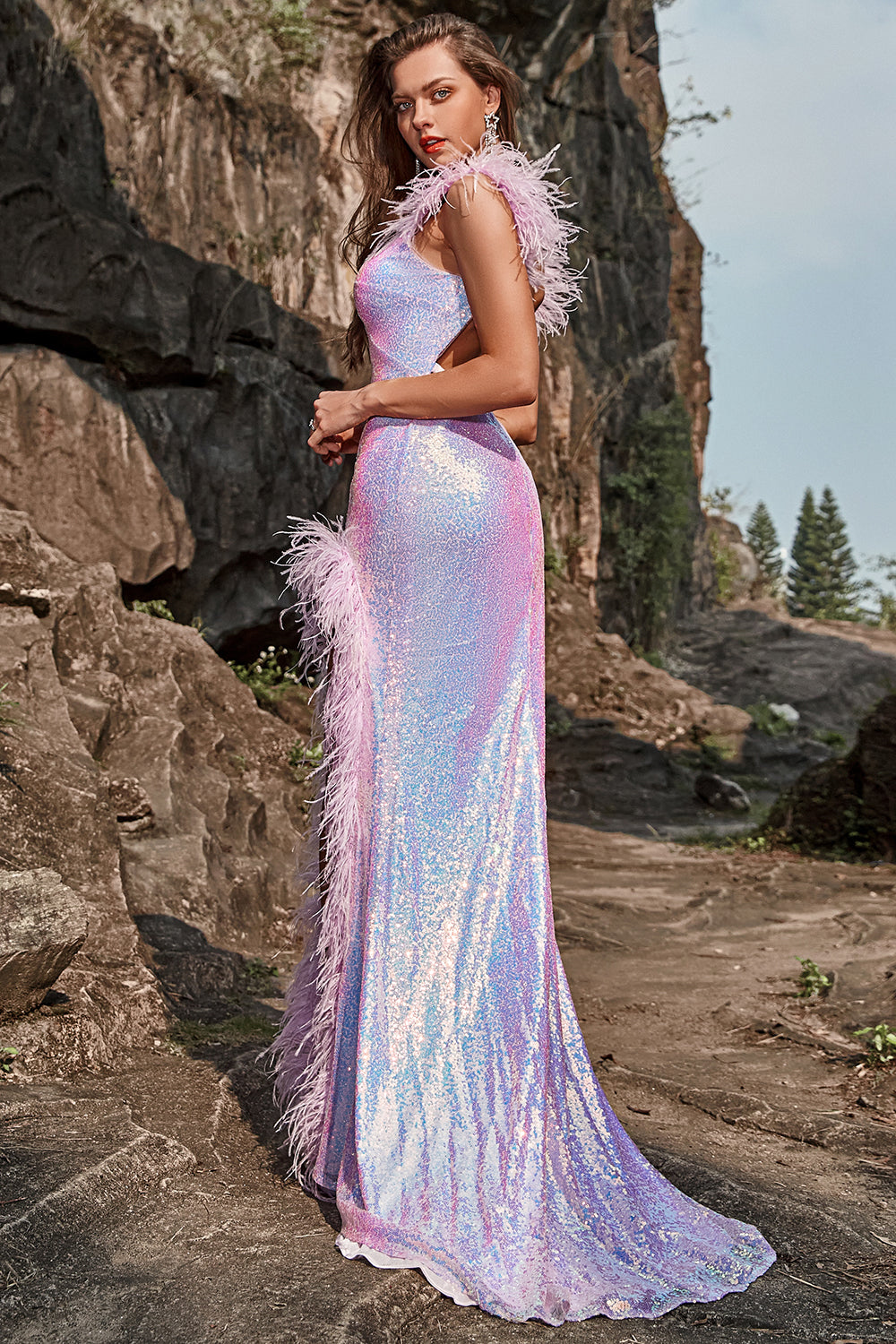 Mermaid Sweetheart Purple Sequins Long Prom Dress with Feather