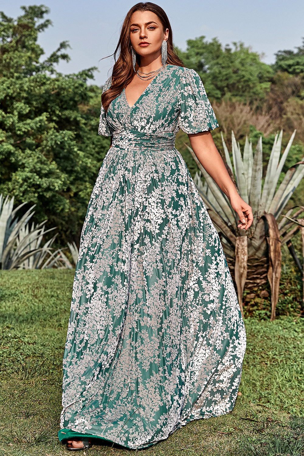 A Line V Neck Green Floral Printed Plus Size Prom Dress with Short Sleeves