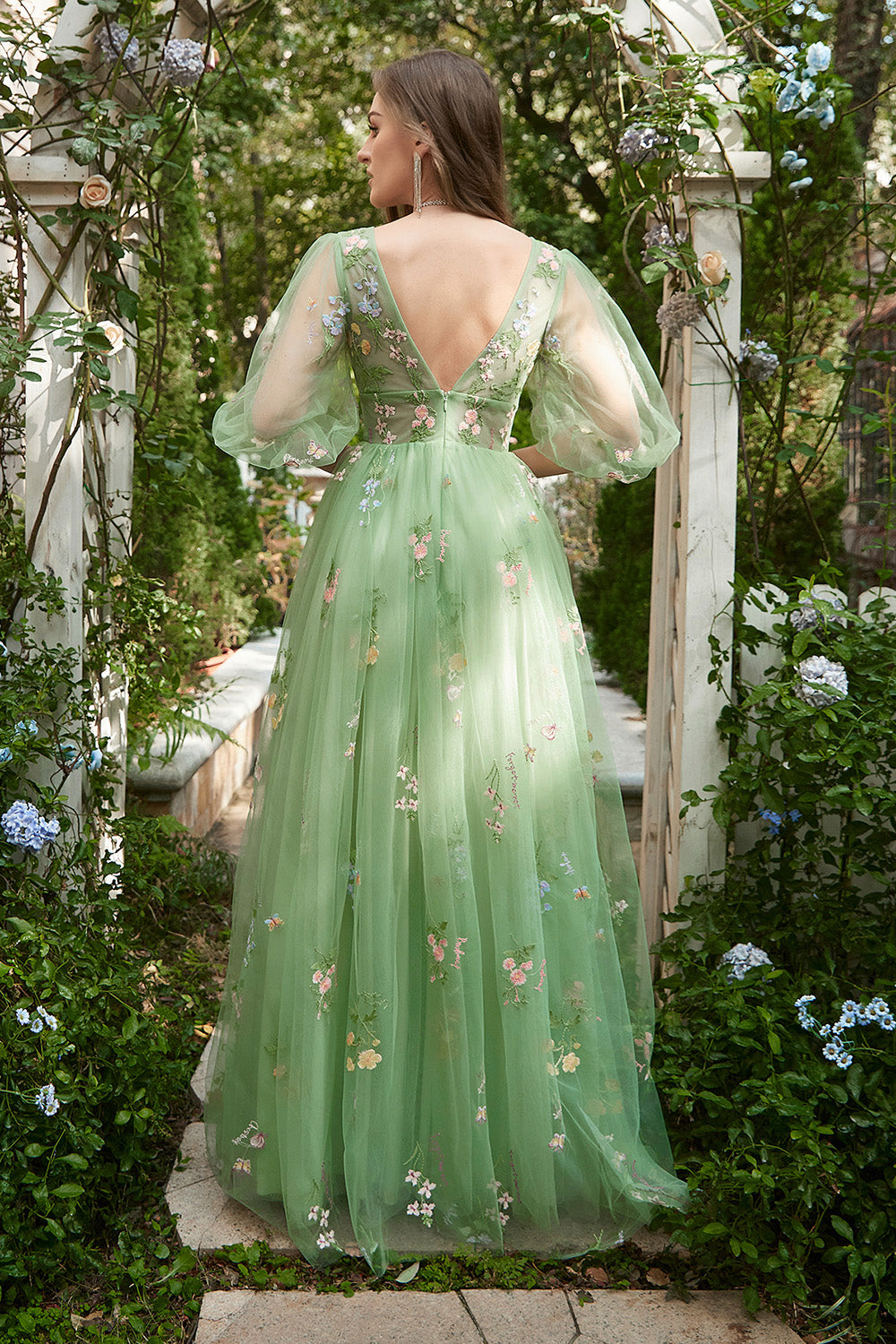 A-Line V-Neck Embroidery Green Long Prom Dress with Short Sleeves