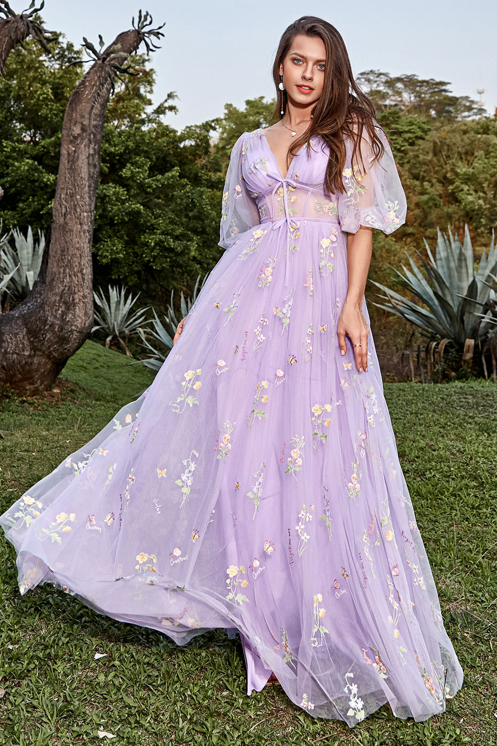 A-Line V-Neck Embroidery Lavender Long Prom Dress with Short Sleeves